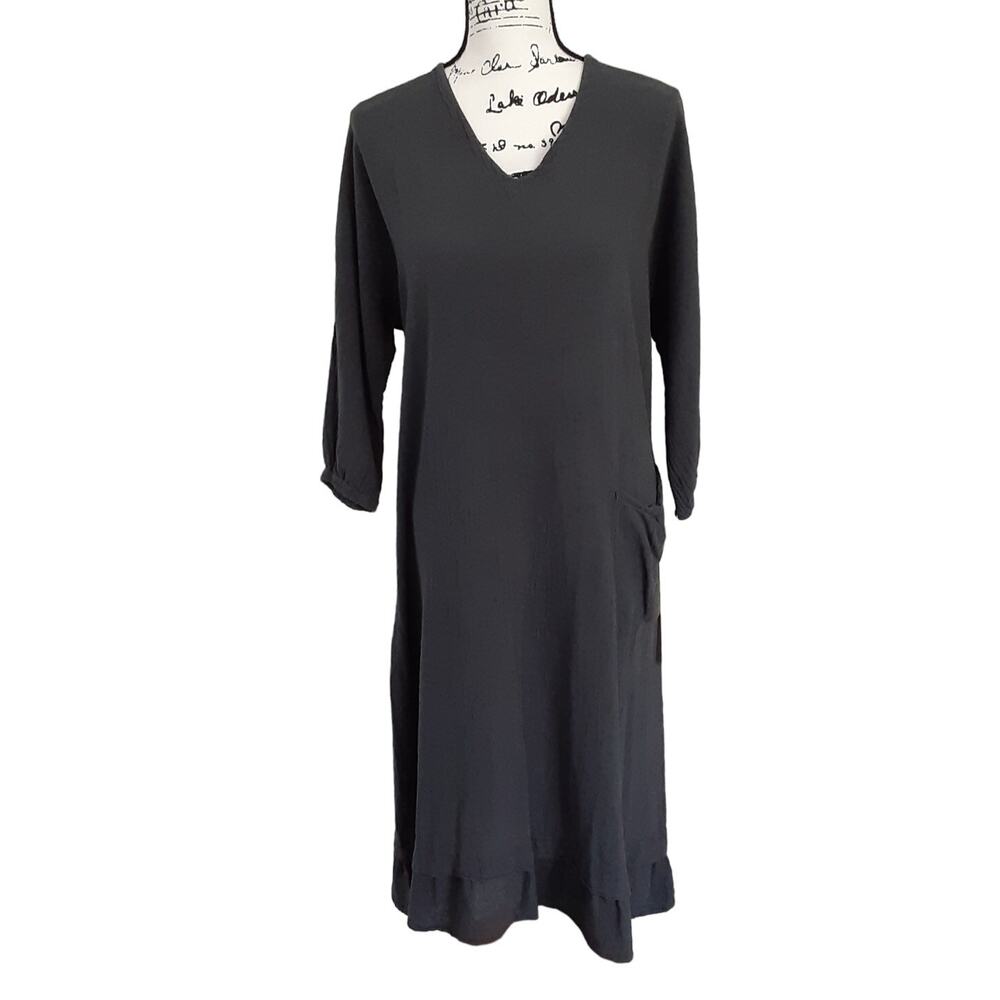 CottonWays Penelope Feed Sack Dress V Neck Cotton Gauze Gray Oversized Lagenlook - Picture 2 of 14